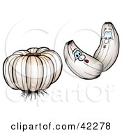 Two Garlic Cloves By A Head Of Garlic