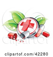 Poster, Art Print Of First Aid Button On Dewy Leaves With Pills