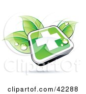 Green Shiny Square First Aid Cross Button On Dewy Leaves
