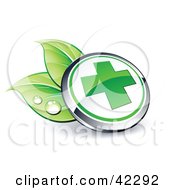 Clipart Illustration Of A Green Round First Aid Cross Button On Dewy Leaves