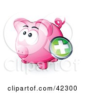Clipart Illustration Of A Green Plus Button Over A Pink Piggy Bank