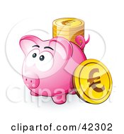 Pink Piggy Bank With A Stack Of Euro Coins