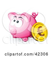 Clipart Illustration Of A Gold Euro Coin Resting Against A Pink Piggy Bank by beboy