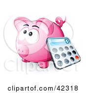 Clipart Illustration Of A Calculator Resting Against A Pink Piggy Bank