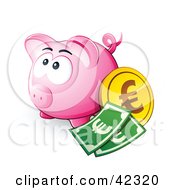 Pink Piggy Bank With Cash And A Euro Coin