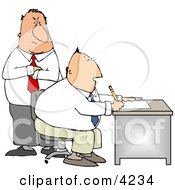 Boss Looking Over Employees Shoulder As He Works At His Desk In His Office Clipart by djart