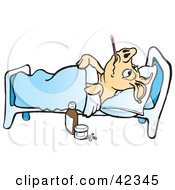 Clipart Illustration of a Sick Pick With A Thermometer In His Mouth, Resting In A Hospital Bed by Snowy #COLLC42345-0092