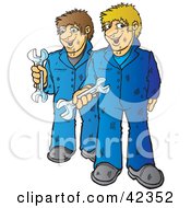 Poster, Art Print Of Two Friendly Mechanics Holding Wrenches