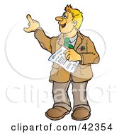 Poster, Art Print Of Friendly Blond Male Teacher Carrying Papers And Pointing