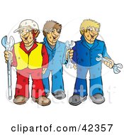 Poster, Art Print Of Construction Worker And Two Mechanics With Wrenches
