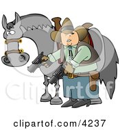Cowboy Standing Beside His Horse And Pointing Guns Towards The Ground Clipart