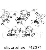 Clipart Illustration Of Black And White Stick Children Throwing Horse Shoes Playing Frisbee Jumping Hurdles And Running A Relay Race by Johnny Sajem #COLLC42371-0090