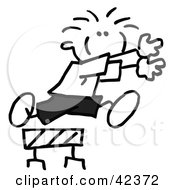 Clipart Illustration Of A Black And White Stick Boy Jumping Over A Hurdle by Johnny Sajem