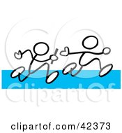 Clipart Illustration Of Two Stick Figures Passing A Baton During A Relay On A Blue Track by Johnny Sajem #COLLC42373-0090