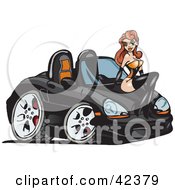 Clipart Illustration Of A Sexy Red Haired Pinup Girl Sitting On The Hood Of A Black PorscheConvertible