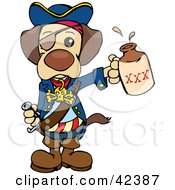 Poster, Art Print Of Cute Pirate Dog Wearing An Eye Patch And Holding Out A Bottle