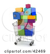 Shopping Cart Carrying A Stack Of Colorful Gifts