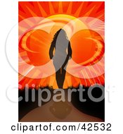 Clipart Illustration Of A Silhouetted Woman Walking Away Towards A Bursting Sunset Of Binary Code by Arena Creative #COLLC42532-0094