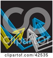 Poster, Art Print Of Black Background With Gray Blue And Yellow 3d Arrows Pointing Upwards Towards Blank Space