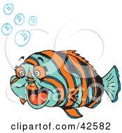 Poster, Art Print Of Happy Chubby Blue And Orange Fish With Bubbles