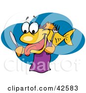 Poster, Art Print Of Hungry Yellow Fish Wearing A Bib And Holding A Knife And Fork