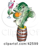 Poster, Art Print Of Green Fish Emerging From A Barrel And Holding A Glass Of Red Wine