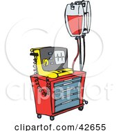 Clipart Illustration Of A Red And Yellow Medical Crash Cart With Intravenous Fluids by Dennis Holmes Designs