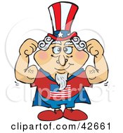 Clipart Illustration Of A Super Uncle Sam In A Cape Flexing His Muscles by Dennis Holmes Designs