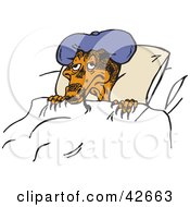 Poster, Art Print Of Clipart Illustration Of A Sick Lizard Wearing A Cold Pack On His Hed And Resting