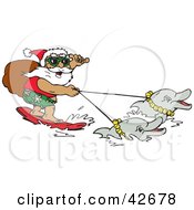 Poster, Art Print Of Santa Carrying His Sack While Surfing And Holding Reins To Dolphins