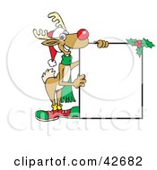 Clipart Illustration Of A Friendly Red Nosed Reindeer Holding A Blank White Sign