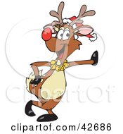 Clipart Illustration Of A Festive Red Nosed Reindeer Wearing A Santa Hat And Jingle Bells Leaning Against A Wall