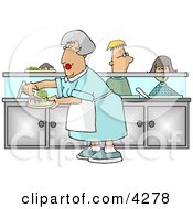 Poster, Art Print Of Cafeteria Lady Preparing Plates Of Food For School Children Waiting In Line