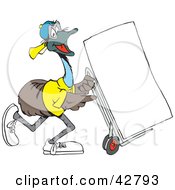 Happy Emu Using A Dolly To Move A Blank Sign Or A Fridge