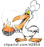 White Pelican Chef Holding A Flaming Pan