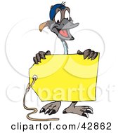 Happy Emu Holding A Blank Yellow Price Tag