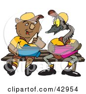 Wombat And Emu Sitting On A Bench And Eating Lunch
