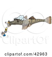 Poster, Art Print Of Man Holding Onto A Hook On A Giant Flathead Fish Smoking A Cigarette