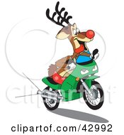 Clipart Illustration Of Rudolph The Red Nosed Reindeer Riding A Green Scooter by Dennis Holmes Designs