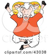 Poster, Art Print Of Happy Jumping Sheep In A Red Shirt