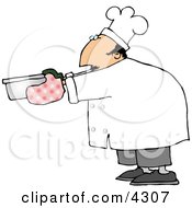 Male Chef Wearing Oven Mitts And Holding A Hot Pot Clipart