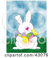 Poster, Art Print Of Friendly Easter Bunny Talking With A Chick And Gathering Eggs In Grass