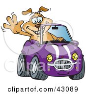 Happy Waving Dog Driving A Purple Convertible Car