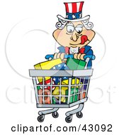 Clipart Illustration Of Uncle Sam Pushing A Shopping Cart Full Of Gifts by Dennis Holmes Designs
