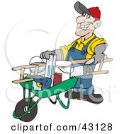 Poster, Art Print Of Friendly Handy Man Pushing Tools In A Wheel Barrow