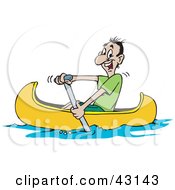Clipart Illustration Of A Happy Man Paddling His Yellow Canoe