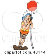Clipart Illustration Of A Tired Man Leaning Against A Blank Red Sign