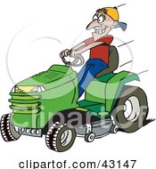 Man Driving A Fast Green Riding Lawn Mower