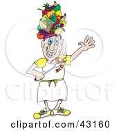 Chef Wearing A Fruit Hat And Holding A Bbq Shrimp On A Fork