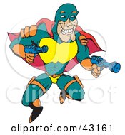 Poster, Art Print Of Flying Super Hero In Green Orange Red And Yellow Holding Two Guns